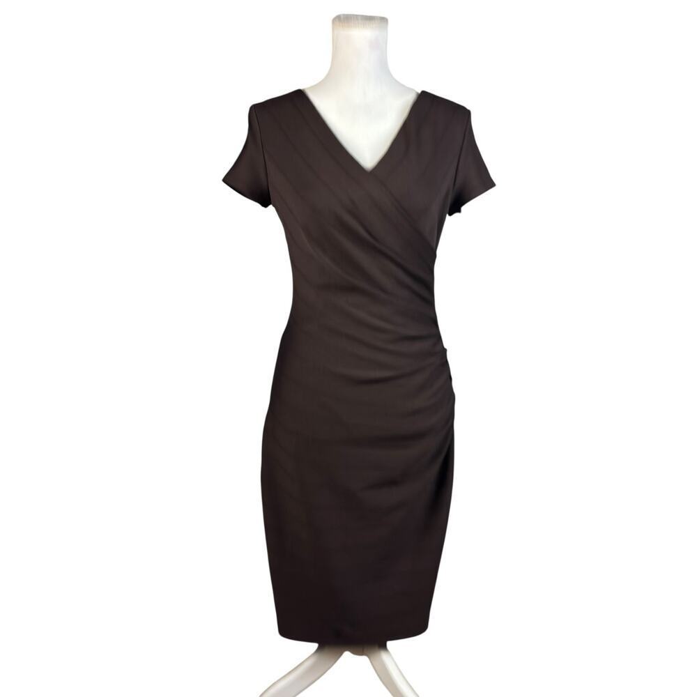 Joseph Ribkoff Ruched Sheath Dress Size 8 Bodycon Short Sleeve Brown Cocktail - Picture 5 of 10